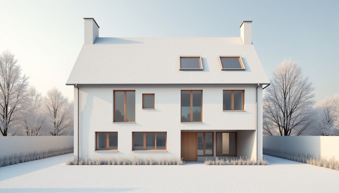 Alt text: Maison contemporaine avec fenêtres modernes dans un environnement enneigé.