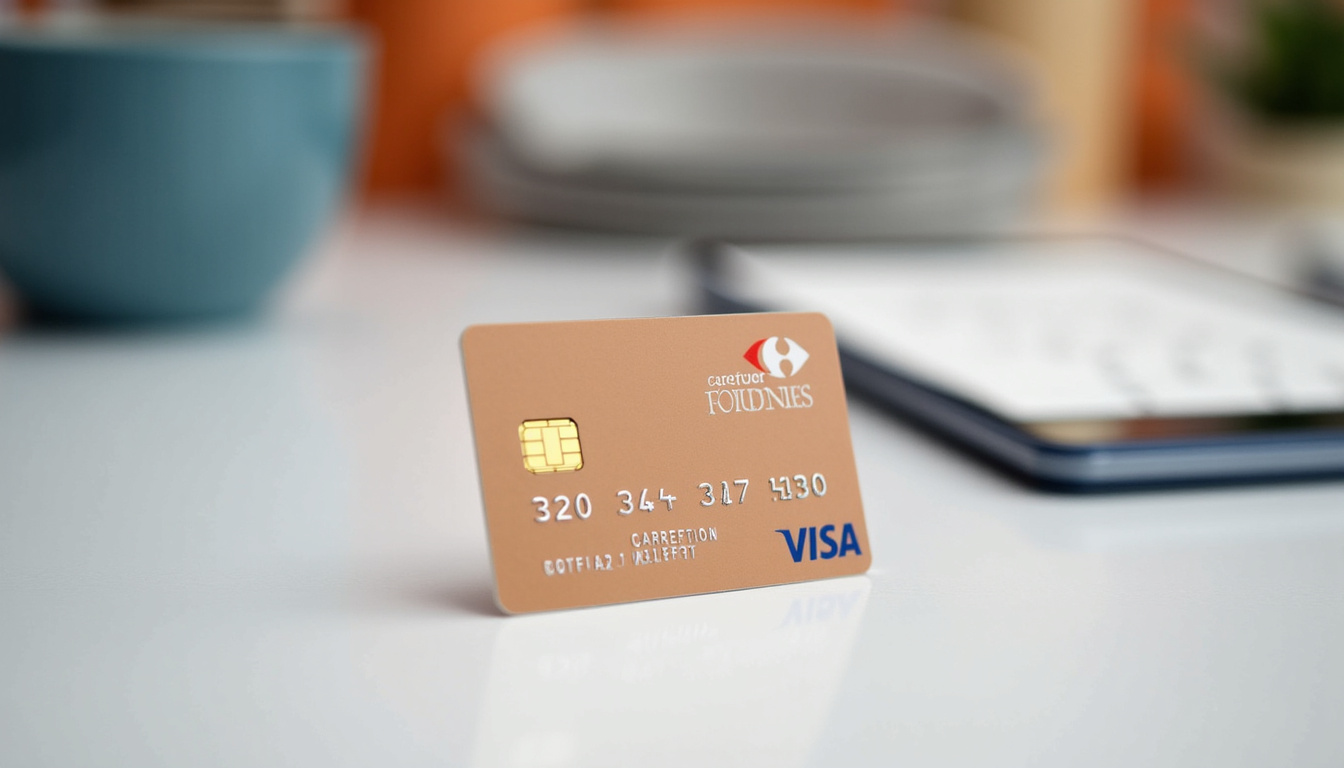 Carte PASS de Carrefour Banque posée sur une table avec des produits d