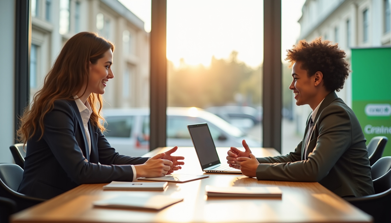 Conseiller bancaire du Crédit Agricole accompagnant un client en agence pour un prêt personnel