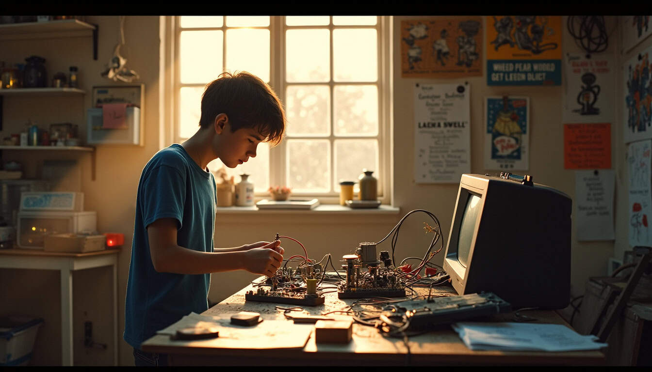 Jeff Bezos adolescent travaillant sur une invention dans son garage