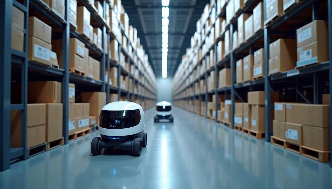 Vue d’un entrepôt Amazon moderne avec robots et systèmes automatisés