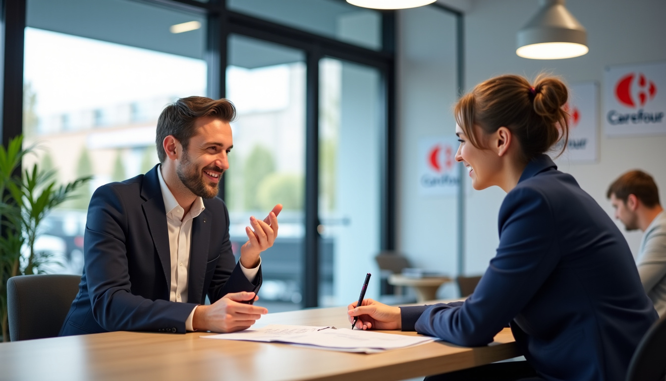 Conseiller Carrefour Banque en agence accompagnant un client