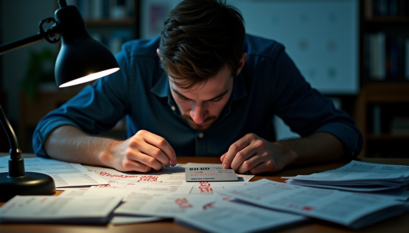 Illustration d’un homme stressé entouré de factures et de symboles de crédit