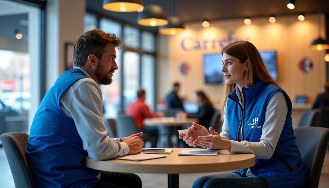 Conseiller Carrefour Banque accompagnant un client en magasin pour un micro-crédit