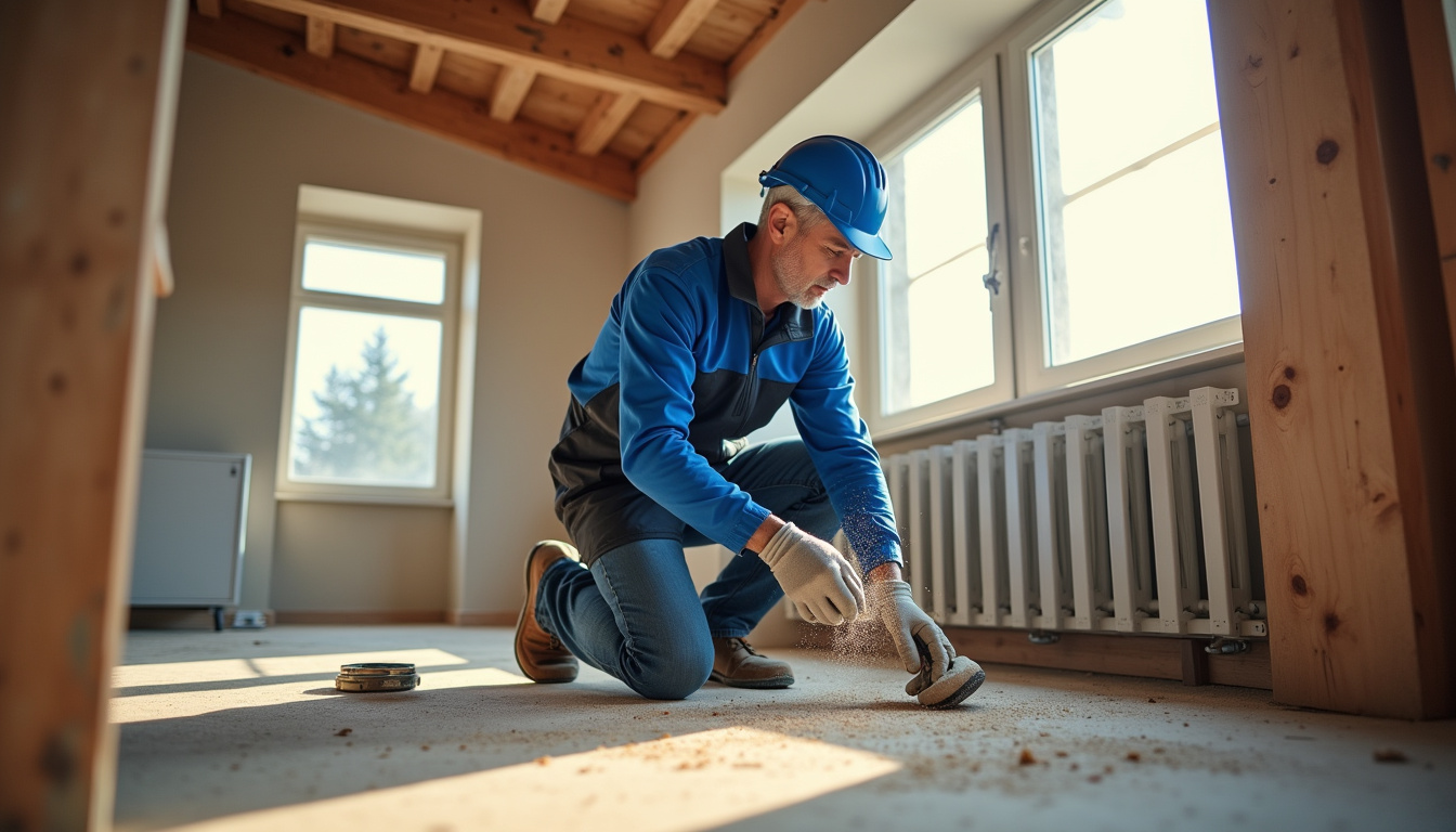 Artisan en train de réaliser des travaux de rénovation énergétique dans une maison